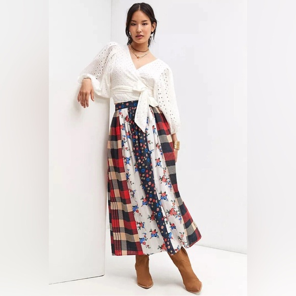 Anthropologie Let Me Be Contrast Maxi Skirt Plaid Patchwork Large - Picture 2 of 9